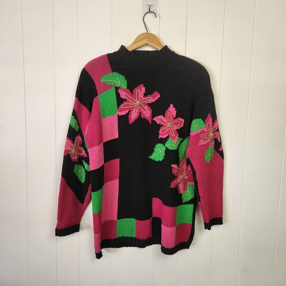 Vintage Oversized Pink Black Floral Knit Sweater High Neck Gold Beaded Size Med - Picture 2 of 10